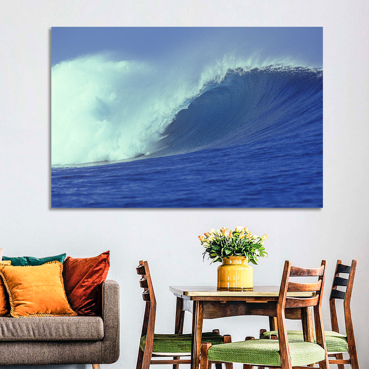 Deep Blue Barrel Wave Wall Art in a room, landscape
