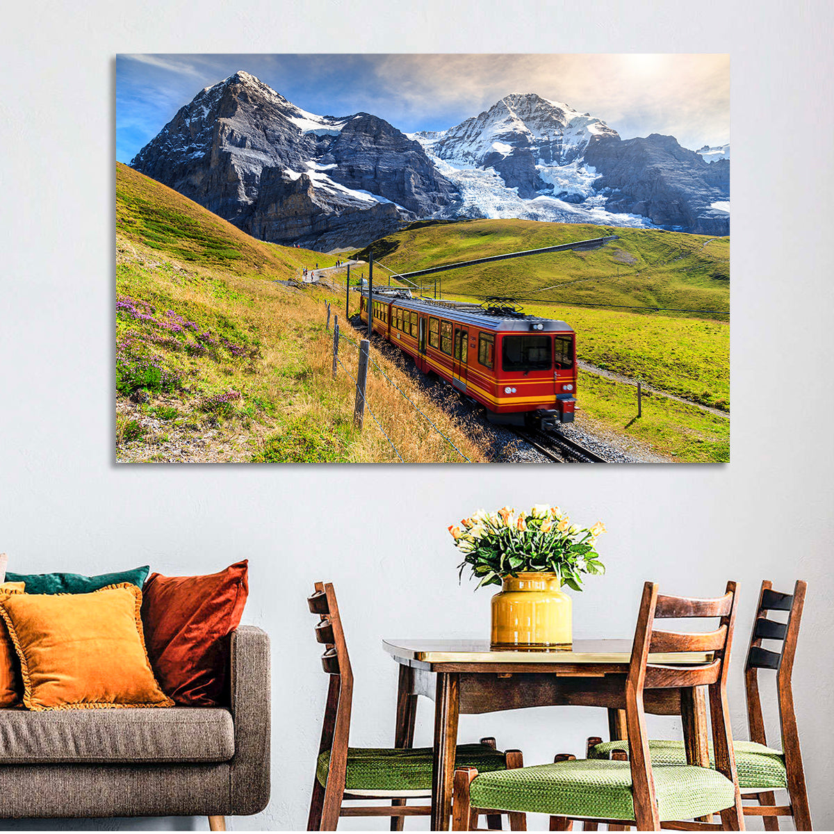 Red Alpine Train at Eiger Wall Art in a room, landscape