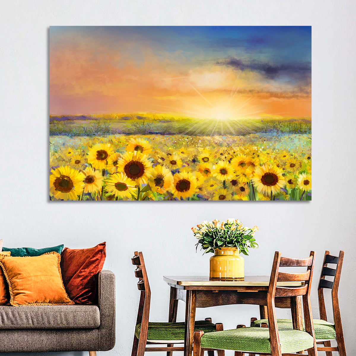 Sunburst Over Sunflower Field Wall Art in a room, landscape