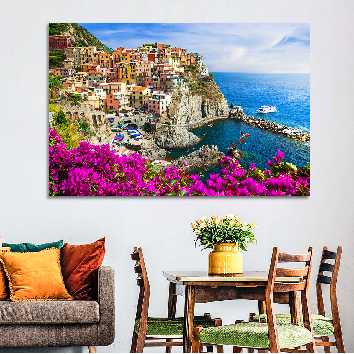 Manarola Cliffside Village Wall Art in a room, landscape