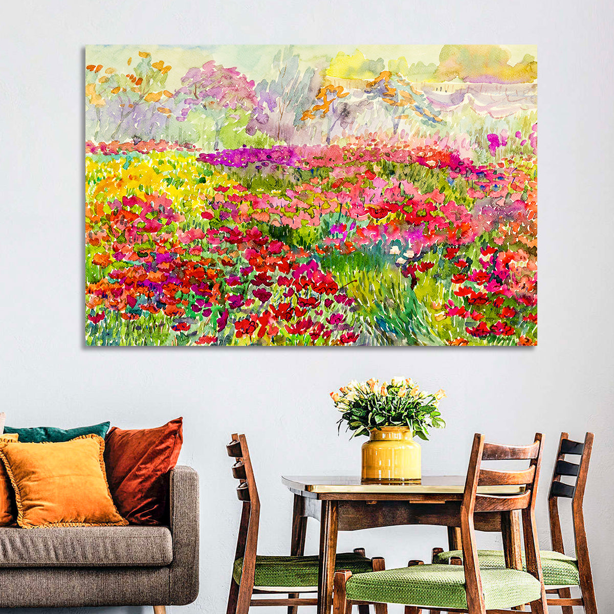 Summer Poppy Meadow Watercolor Wall Art in a room, landscape