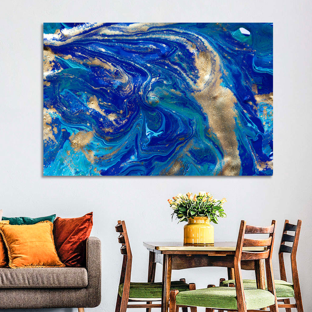 Blue and Gold Liquid Marble Swirls Wall Art