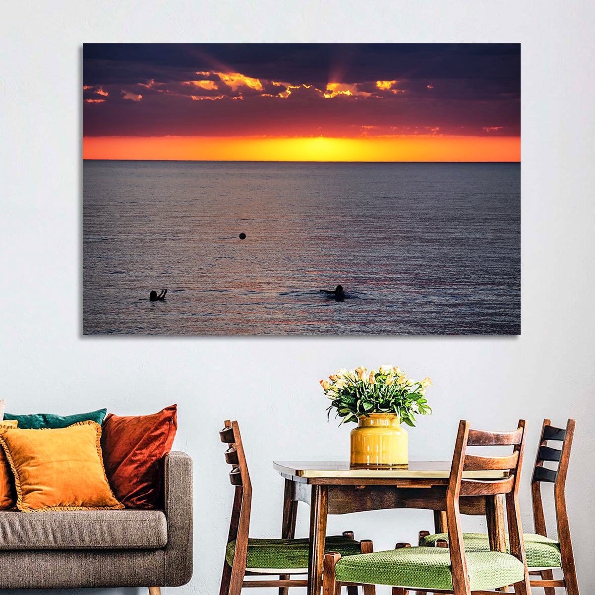Balkhash Sunset Silhouettes Wall Art in a room, landscape