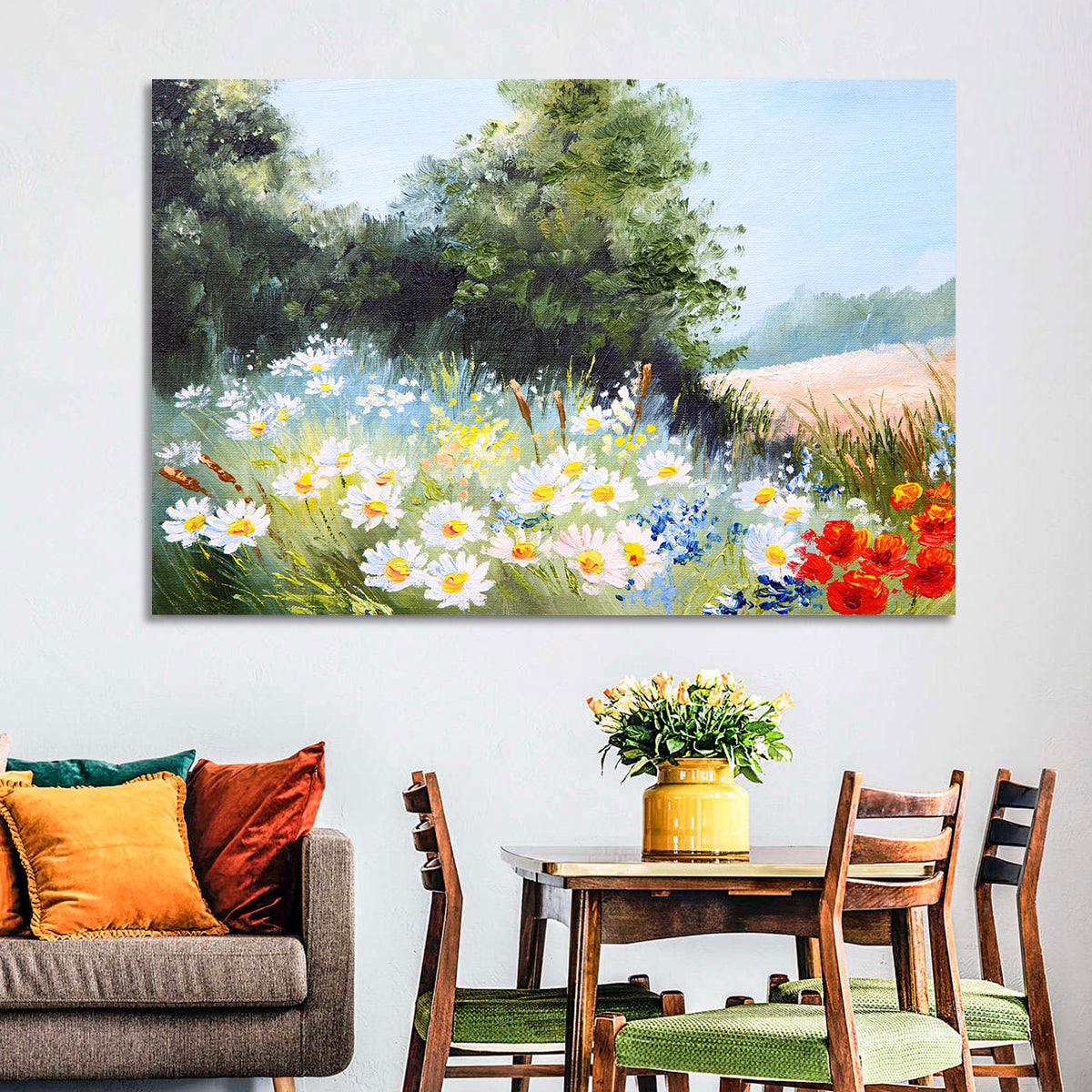 Sunny Daisy Meadow with Red Poppies Wall Art