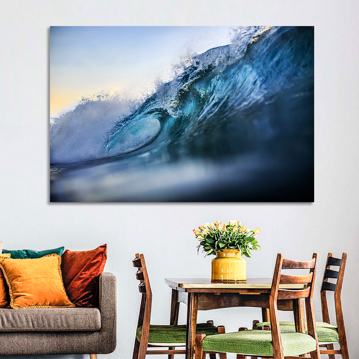 Golden Hour Barrel Wave Wall Art in a room, landscape