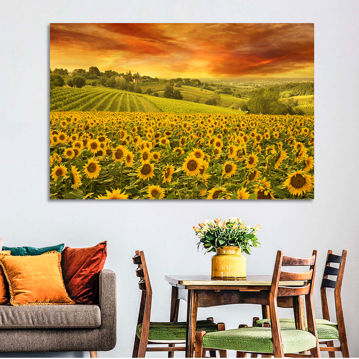 Sunflower Field at Golden Hour Wall Art in a room, landscape