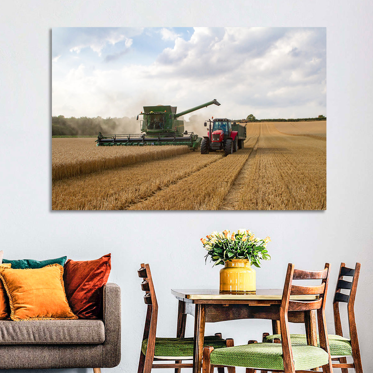 Wheat Harvest with Combine and Tractor Wall Art