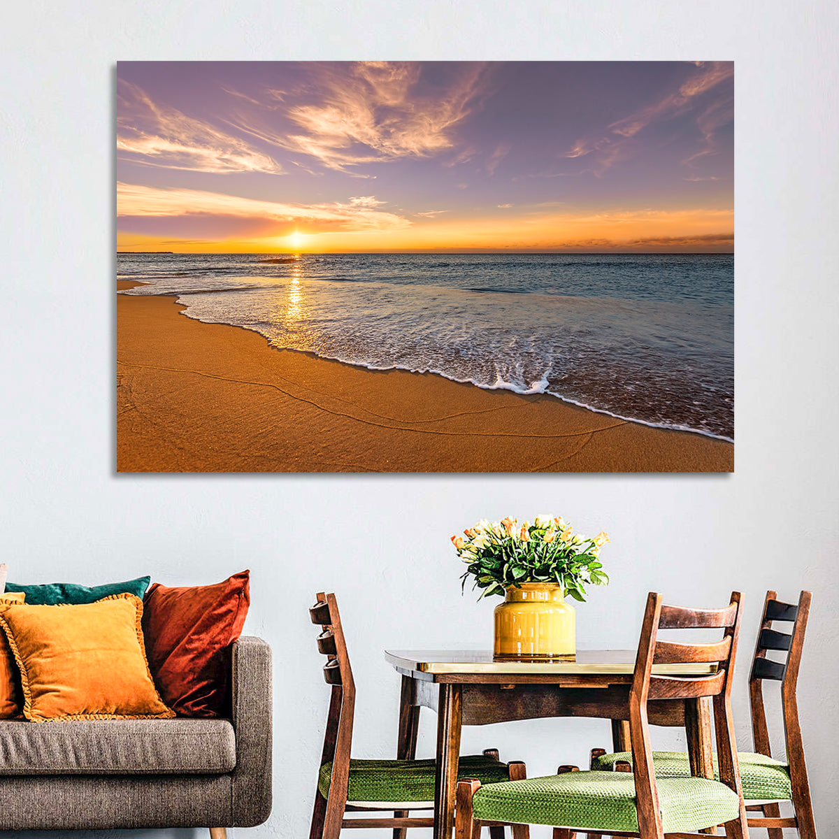Sunrise Over Ocean Beach Wall Art in a room, landscape