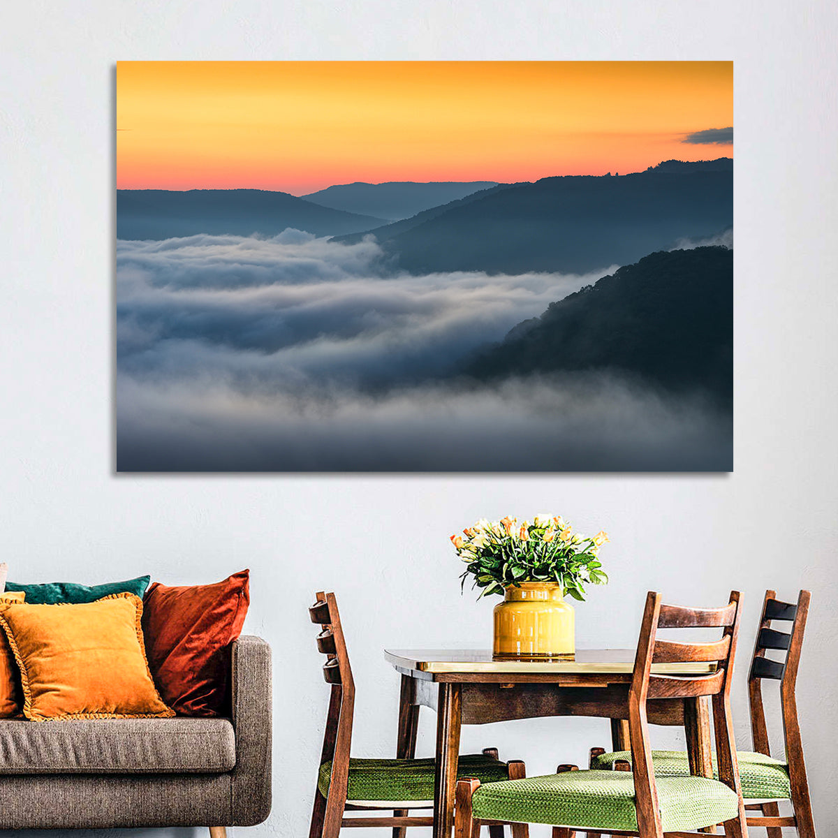 Foggy Mountains West Virginia Wall Art in a room, landscape