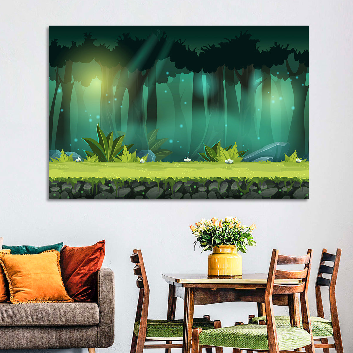 Enchanted Digital Forest Landscape Wall Art in a room, landscape