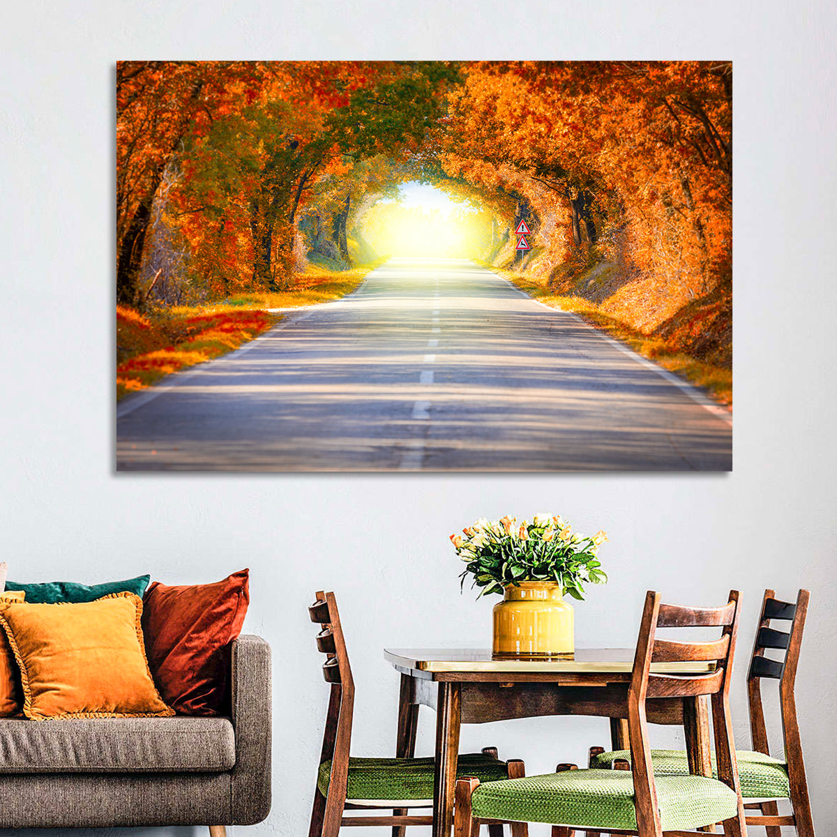 Golden Autumn Tree Tunnel Wall Art in a room, landscape