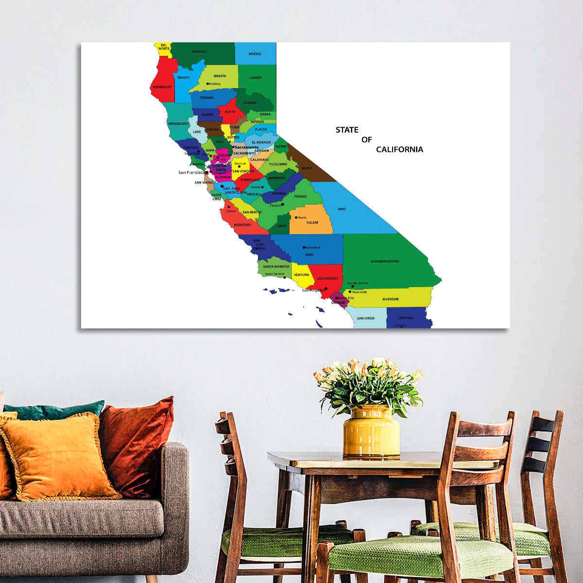 California Map with Colored Counties Wall Art in a room, landscape