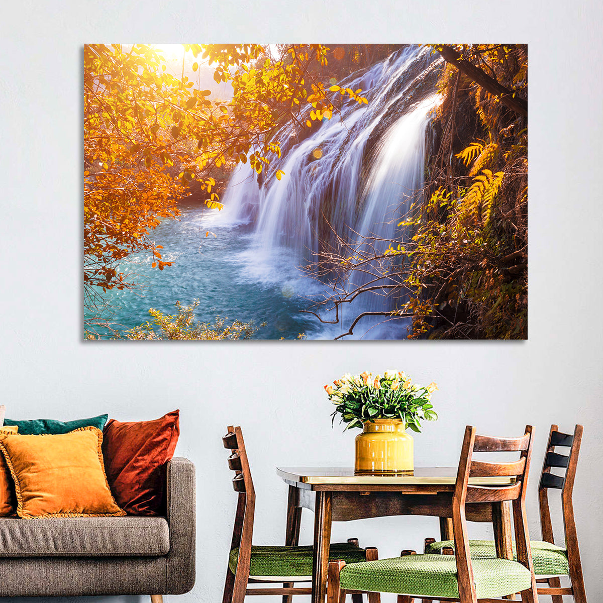 Golden Hour Waterfall in Autumn Forest Wall Art in a room, landscape