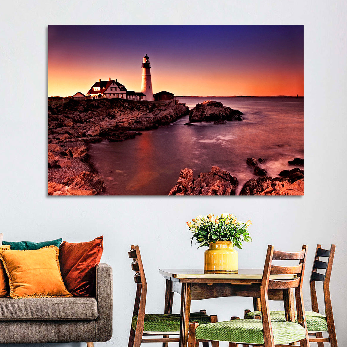 Portland Head Light at Dusk Wall Art in a room, landscape