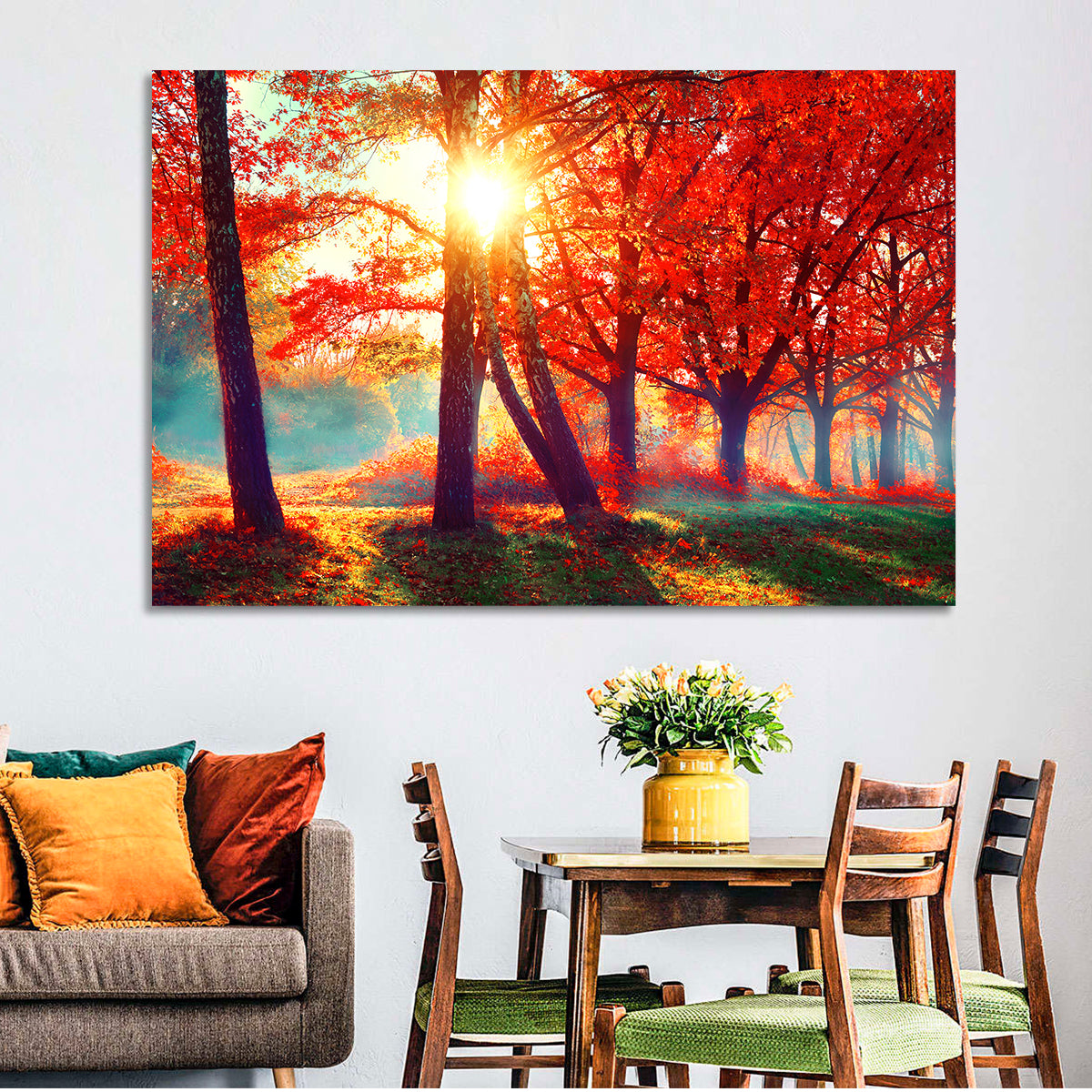Autumn Park Sunrise Wall Art in a room, landscape