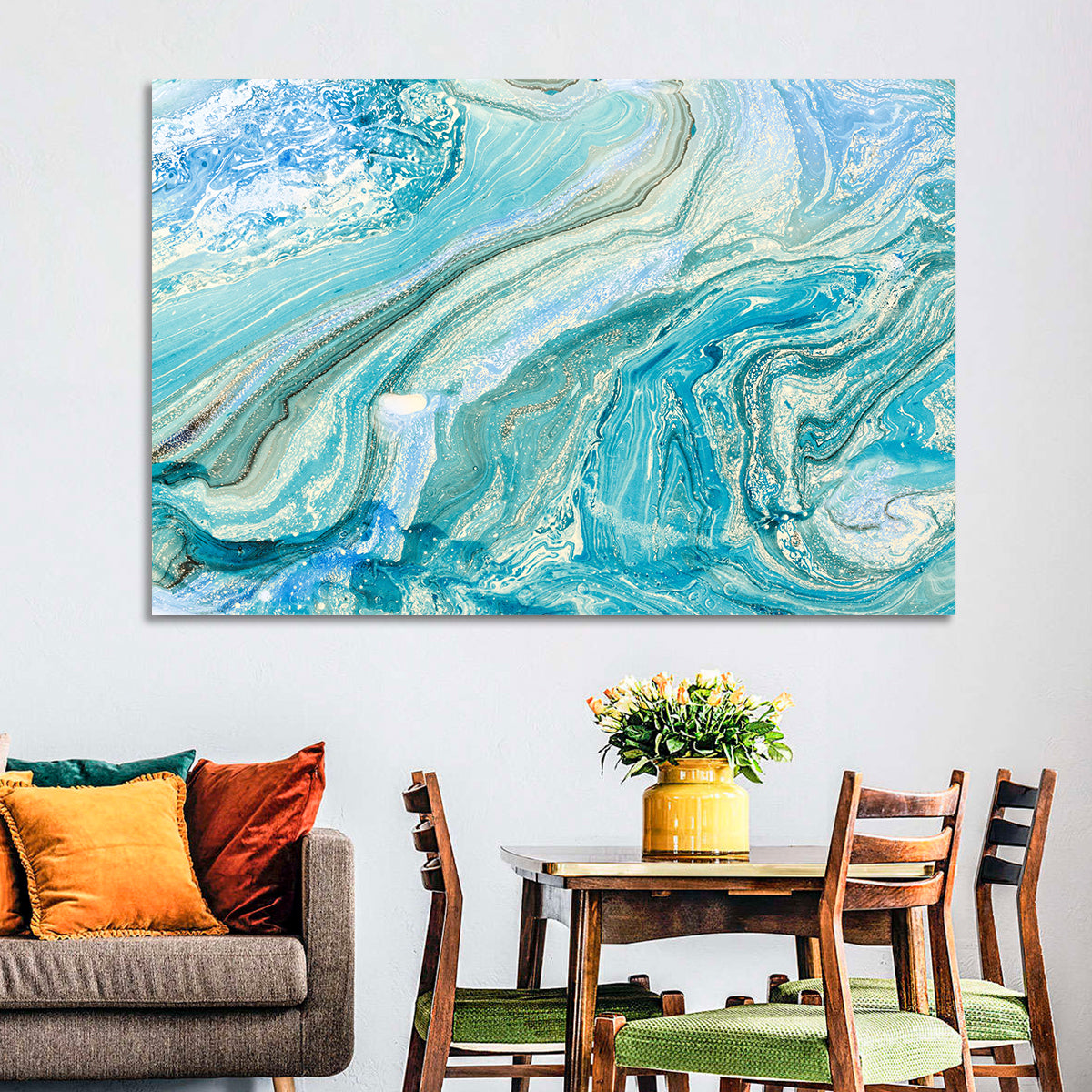 Aqua Marble Swirls with Silver Accents Wall Art