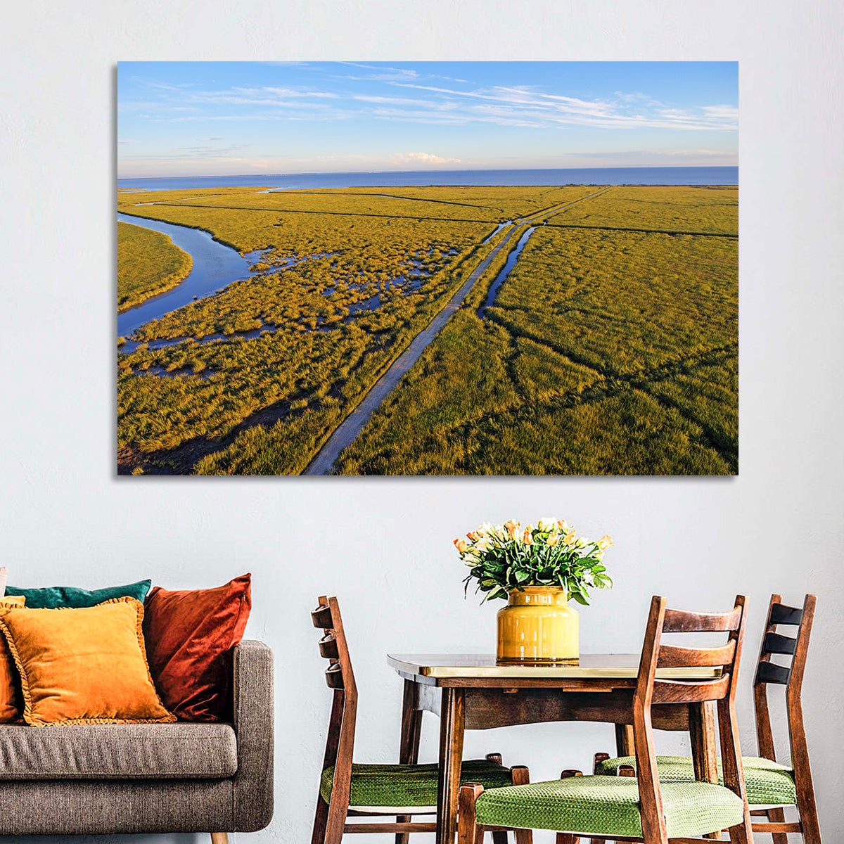 Delaware Bay Marshland Aerial Wall Art in a room, landscape