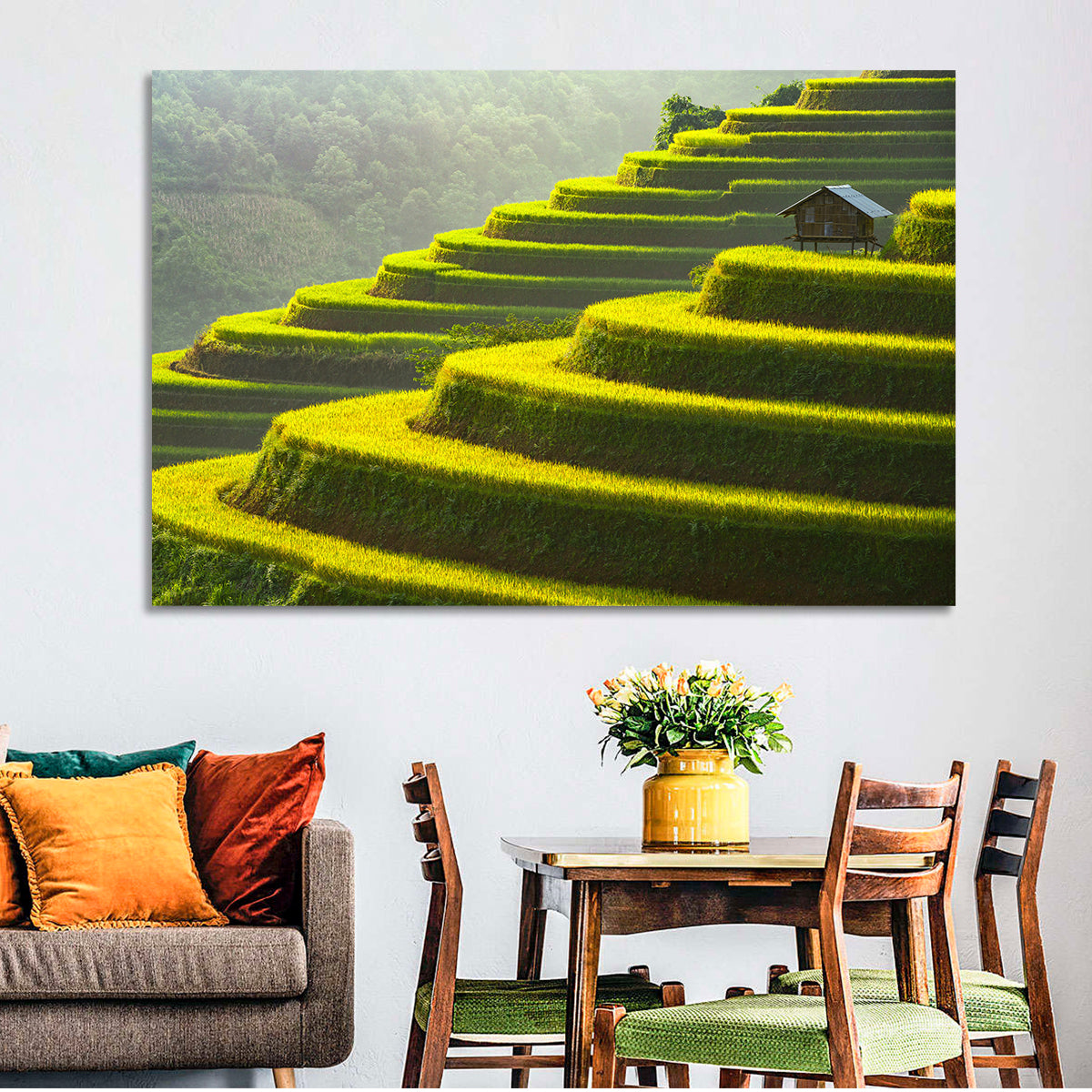 Golden Rice Terraces Wall Art in a room, landscape