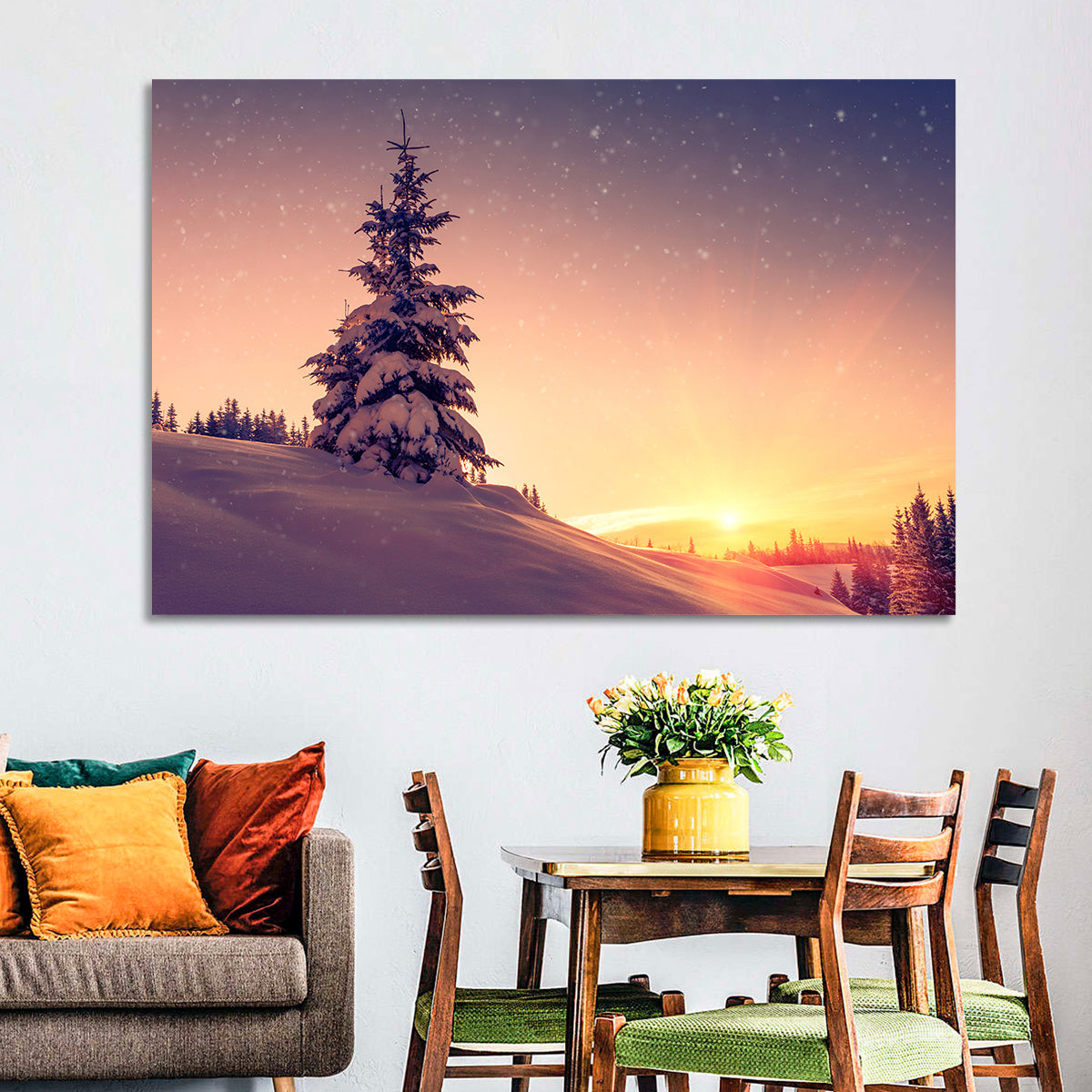 Snowy Sunset with Conifer Wall Art in a room, landscape