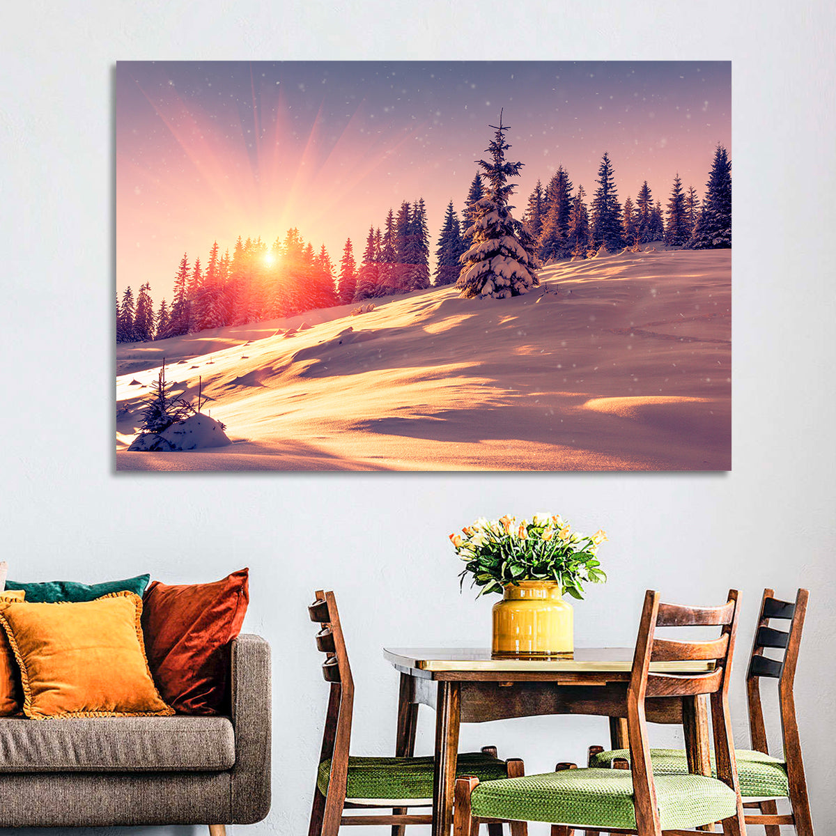 Winter Mountains Sunrise Wall Art in a room, landscape