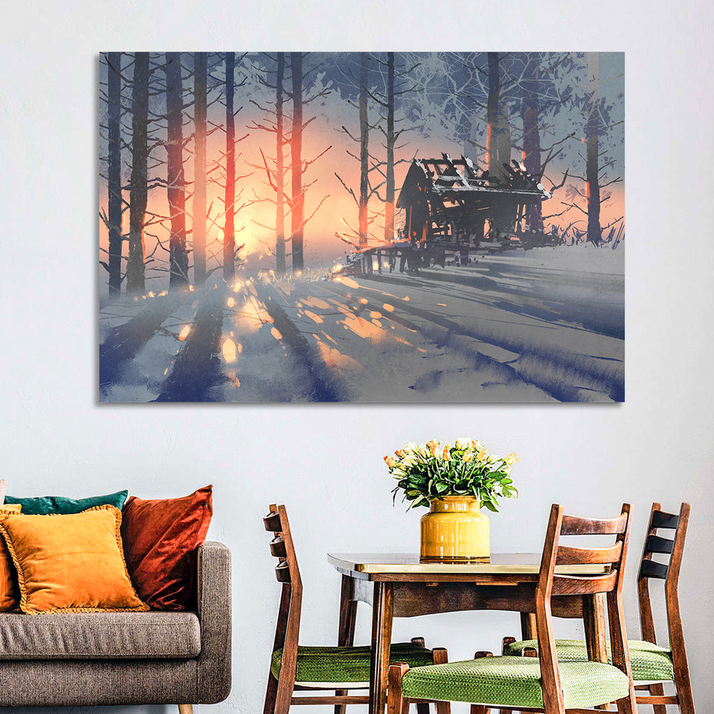 Snowy Forest Cabin at Sunset Wall Art