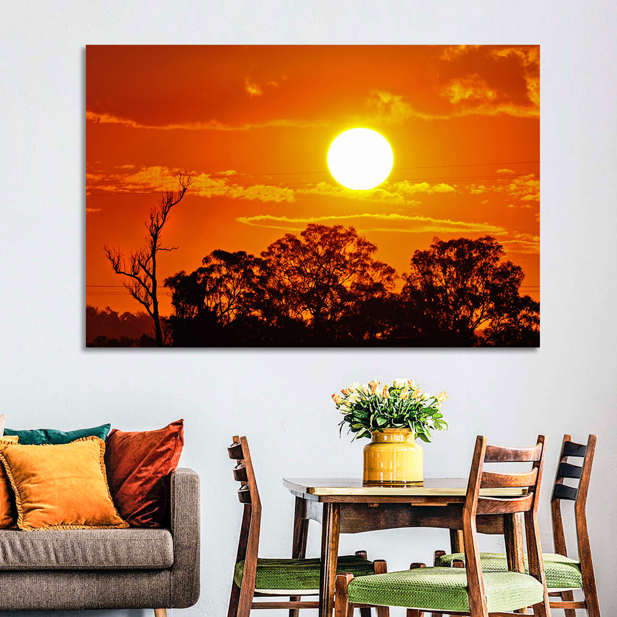 Burning Sun Over Tree Silhouettes Wall Art in a room, landscape