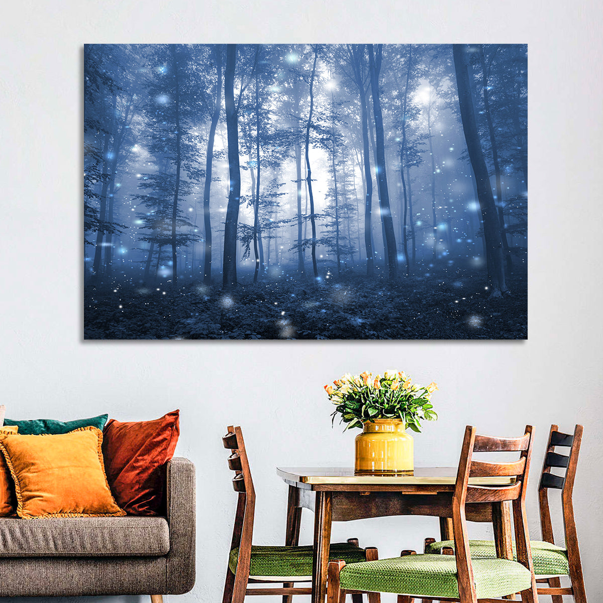 Blue Mist Forest at Twilight Wall Art in a room, landscape