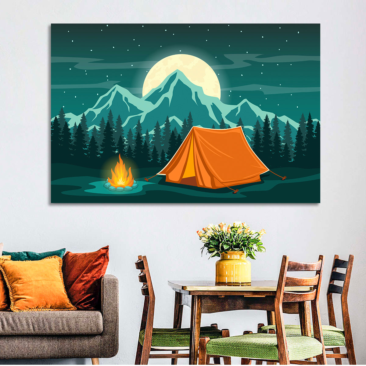 Moonlit Campfire Landscape Wall Art