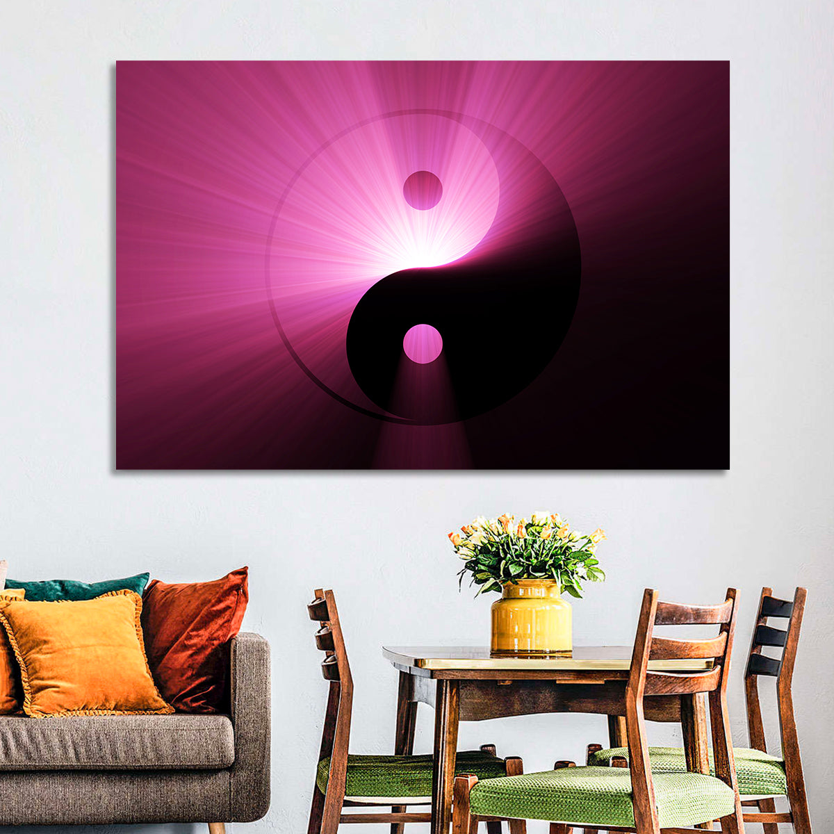 Magenta Yin Yang Symbol Wall Art in a room, landscape