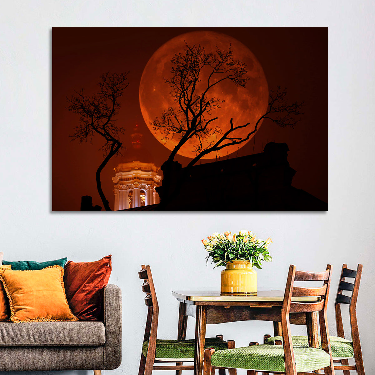 Haunted Supermoon Over Church Spire Wall Art in a room, landscape