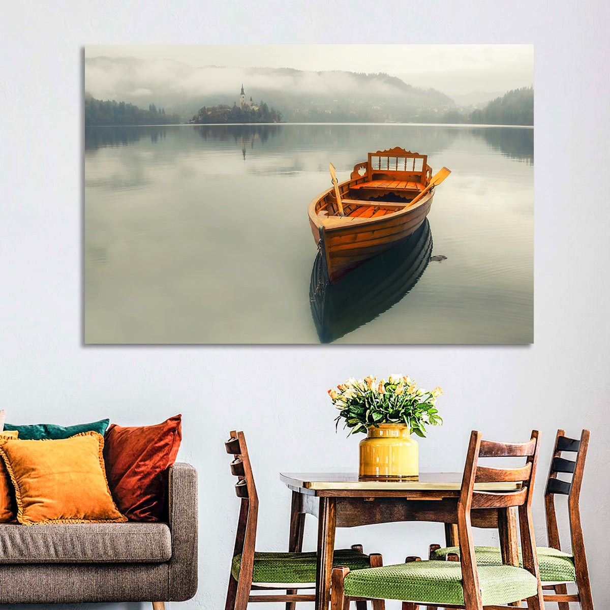 Wooden Boat on Misty Lake Bled Wall Art in a room, landscape
