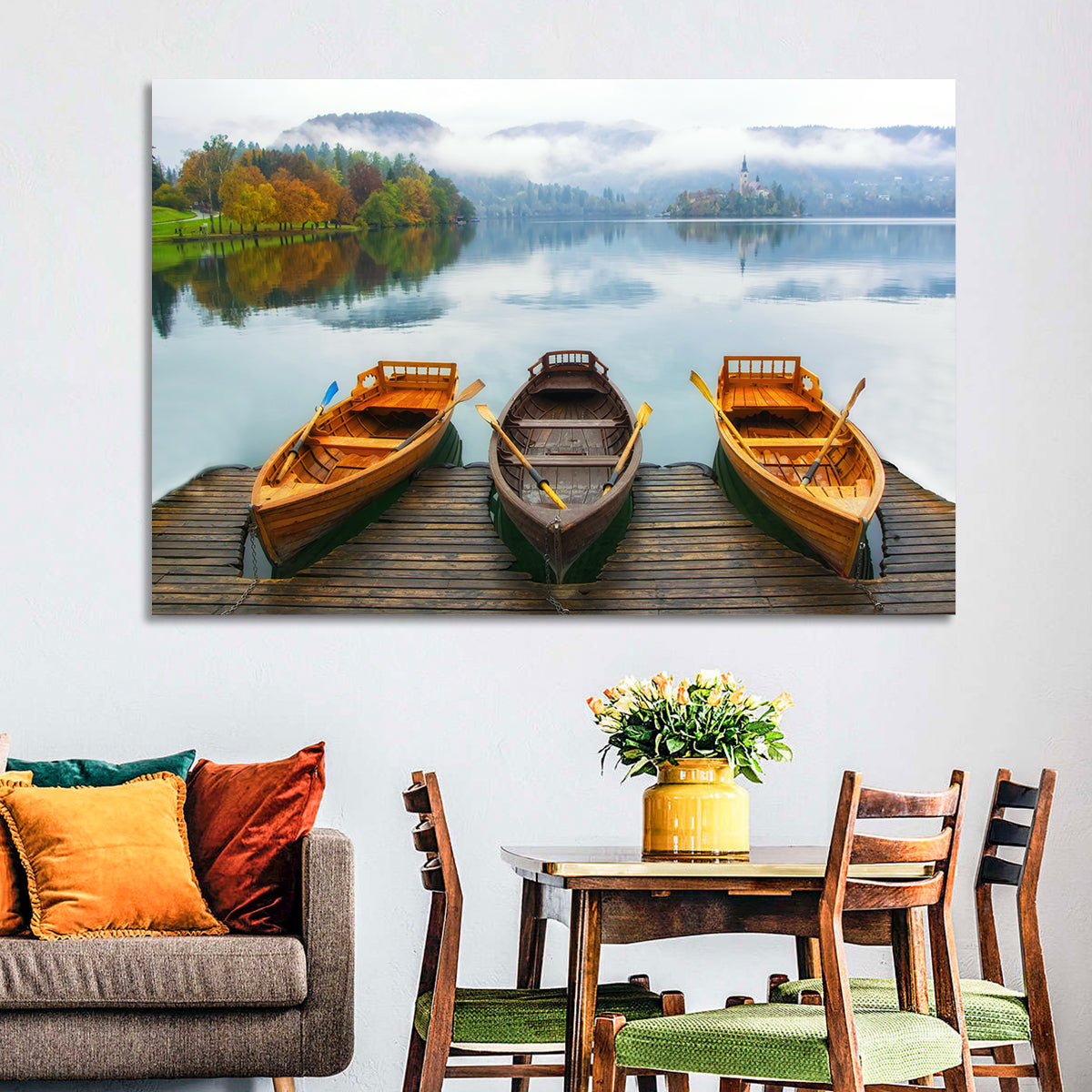 Moored Boats on Misty Lake Bled Wall Art