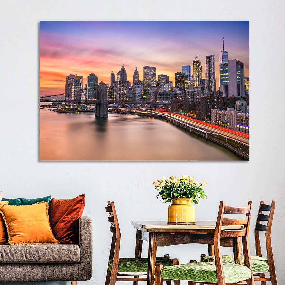 Brooklyn Bridge Light Trails Over Lower Manhattan Wall Art in a room, landscape