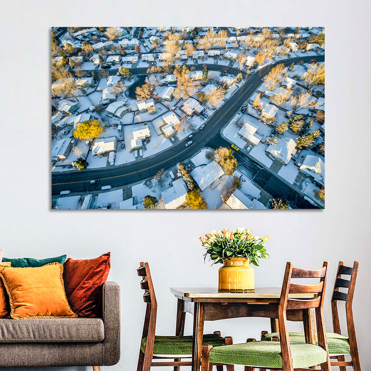 Snowy Fort Collins Neighborhood Aerial Wall Art in a room, landscape