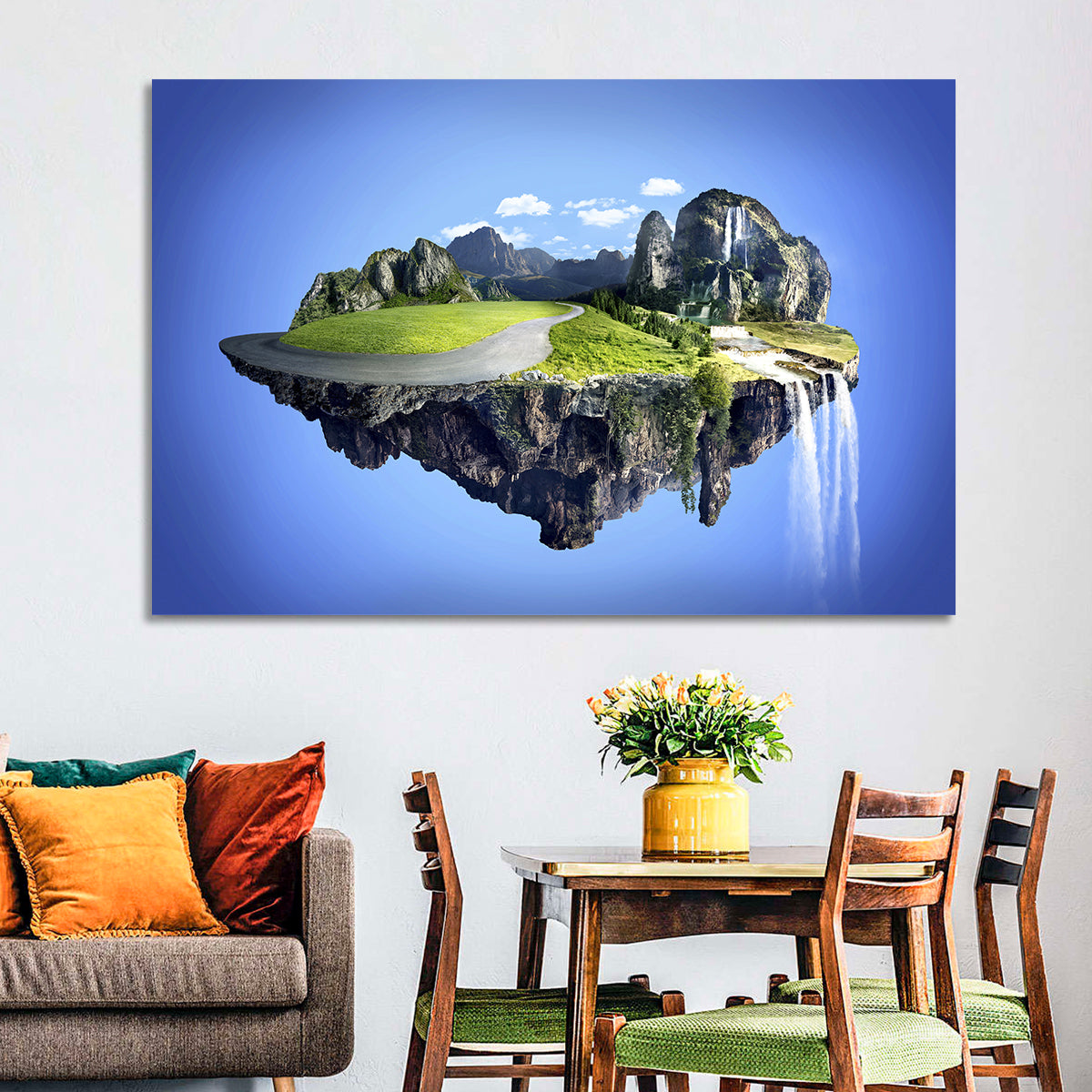 Surreal Floating Island with Waterfalls Wall Art in a room, landscape