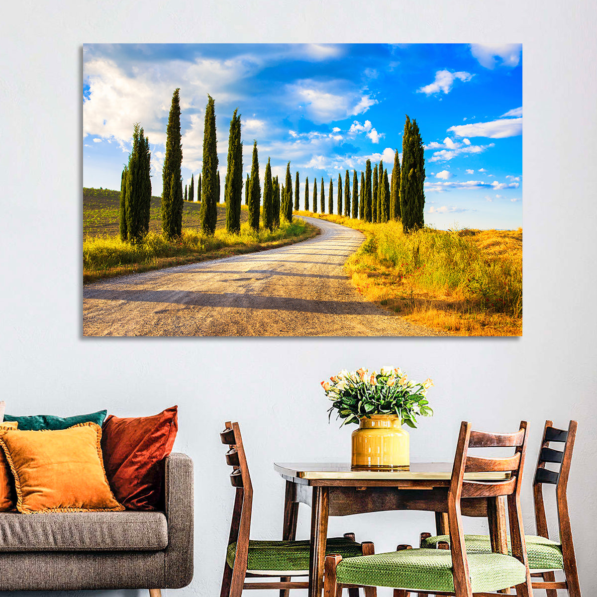 Sunlit Tuscany Cypress Road Wall Art in a room, landscape
