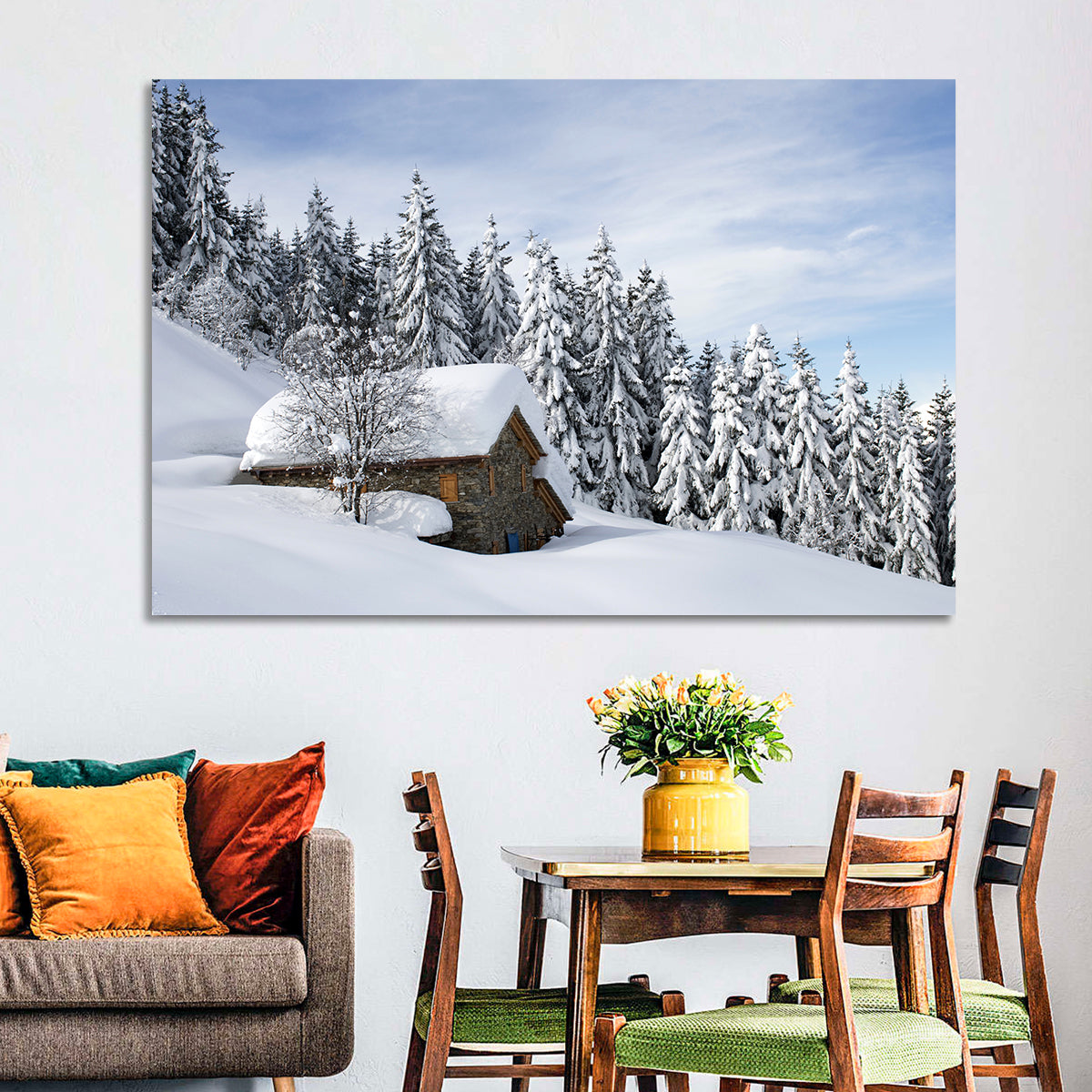 Snow Covered Alpine Cabin Wall Art in a room, landscape