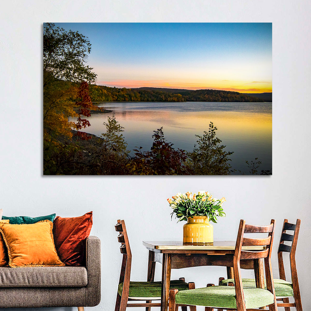 Lake Scranton Sunset Wall Art in a room, landscape