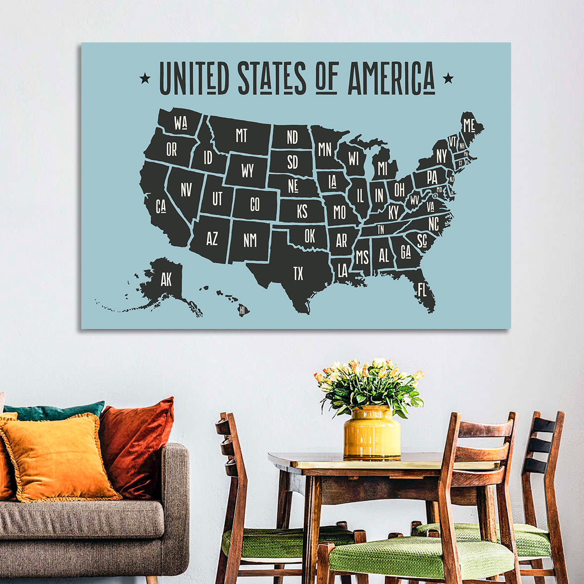 Minimalist USA Map with State Abbreviations Wall Art in a room, landscape