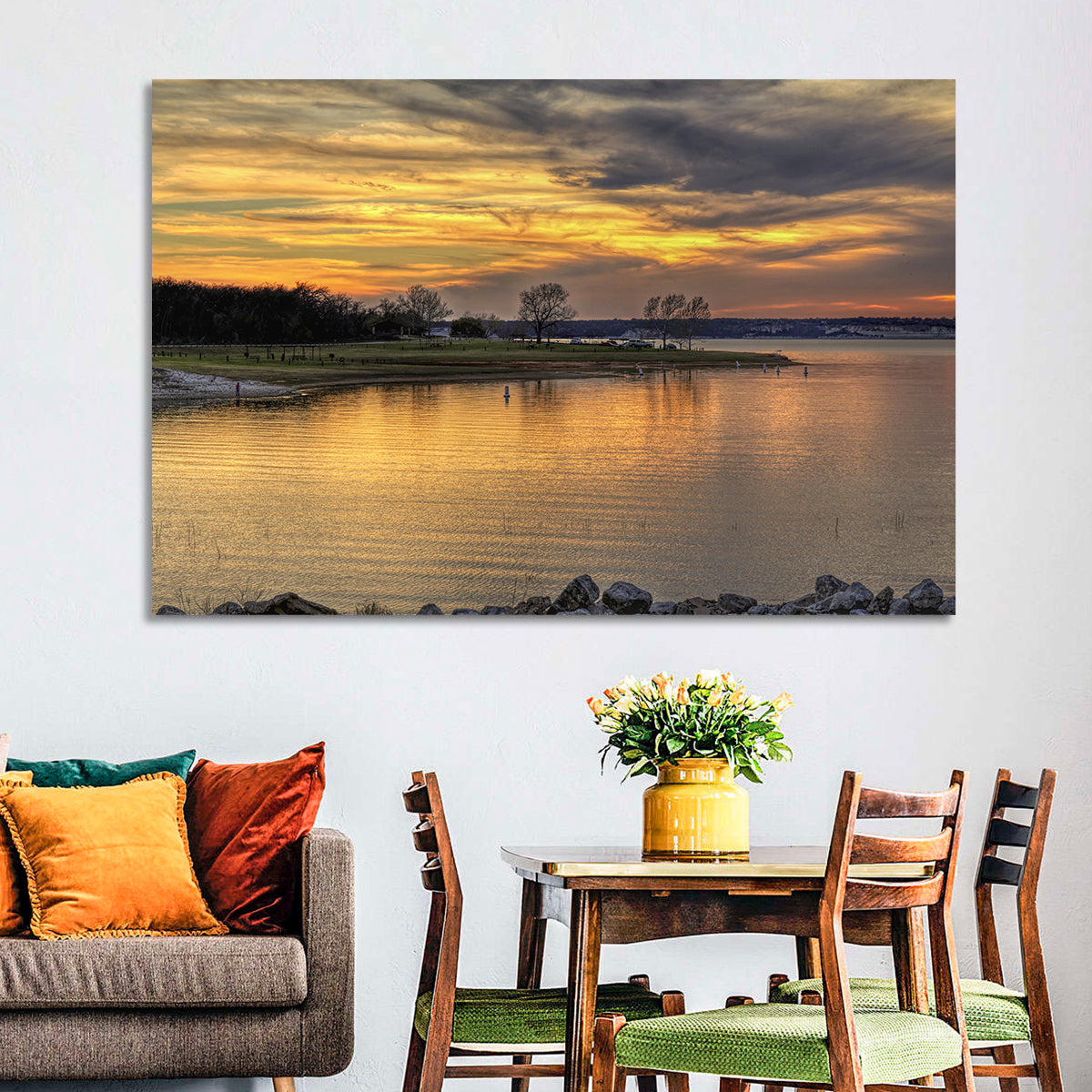 Lake Whitney Sunset Wall Art in a room, landscape