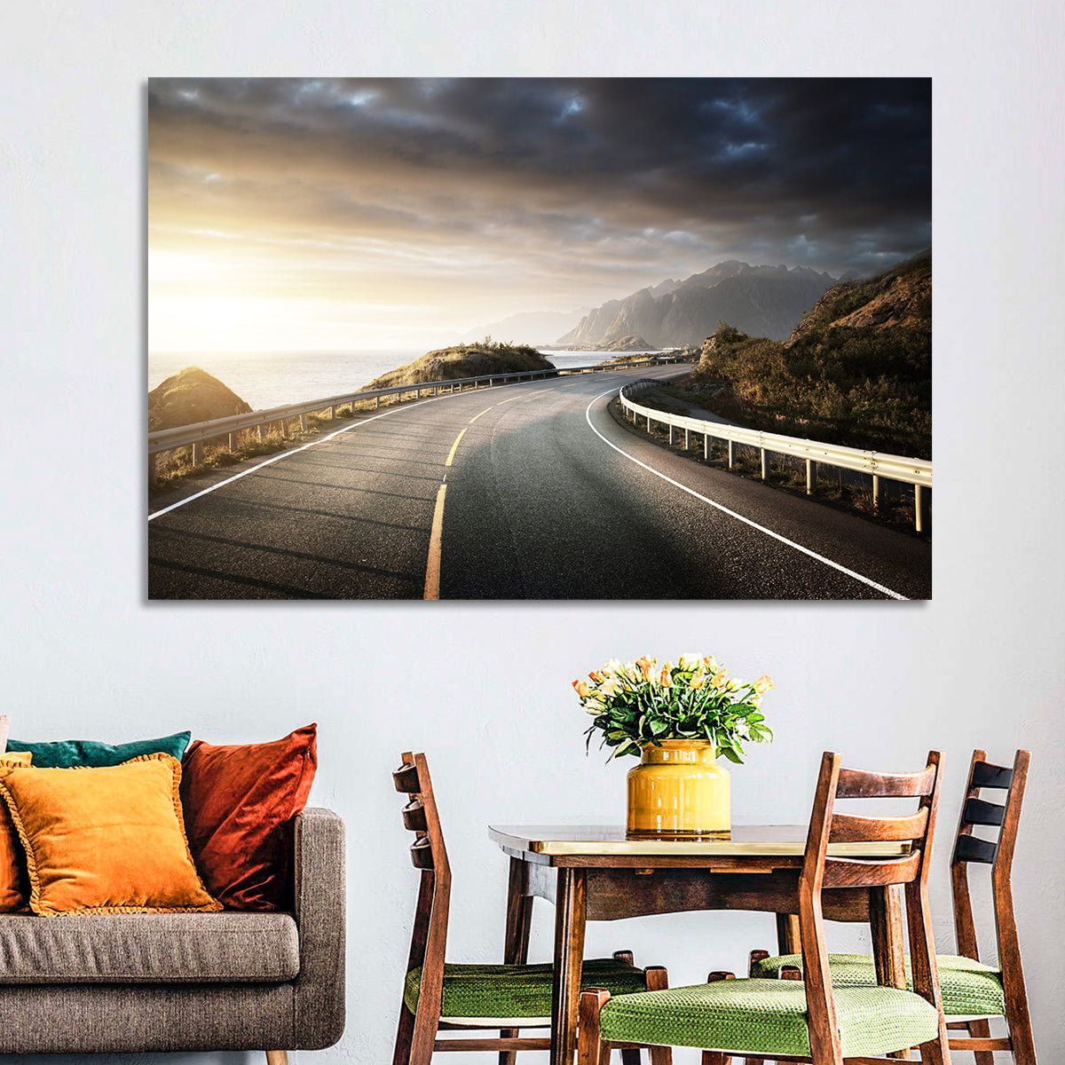 Golden Sunrise Coastal Road Wall Art in a room, landscape