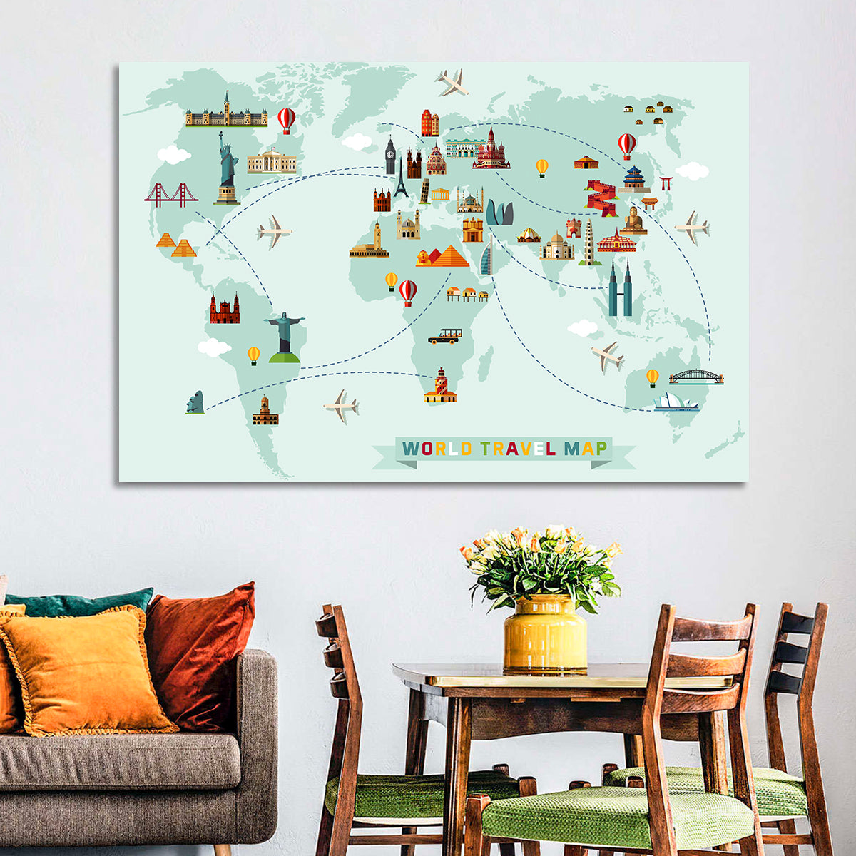 World Travel Map Illustration Wall Art