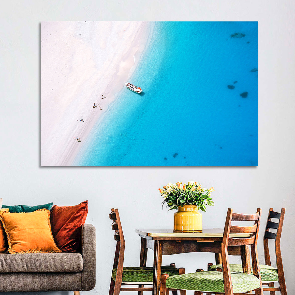Aerial Beach Bay with White Boat Wall Art