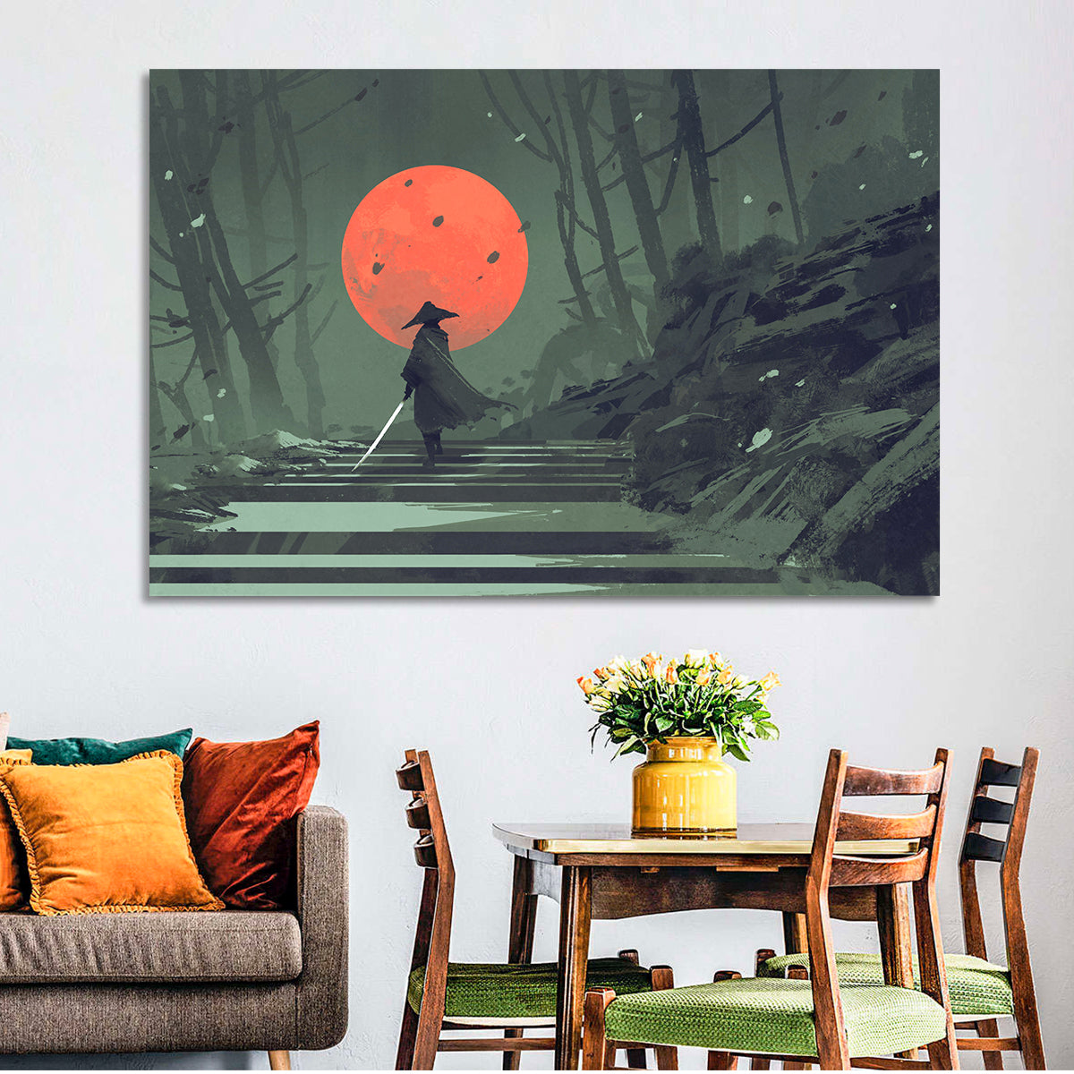 Samurai Under Red Moon Wall Art