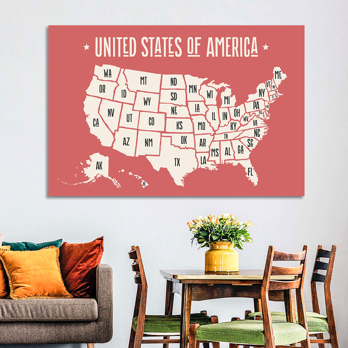 United States Map with State Abbreviations Wall Art