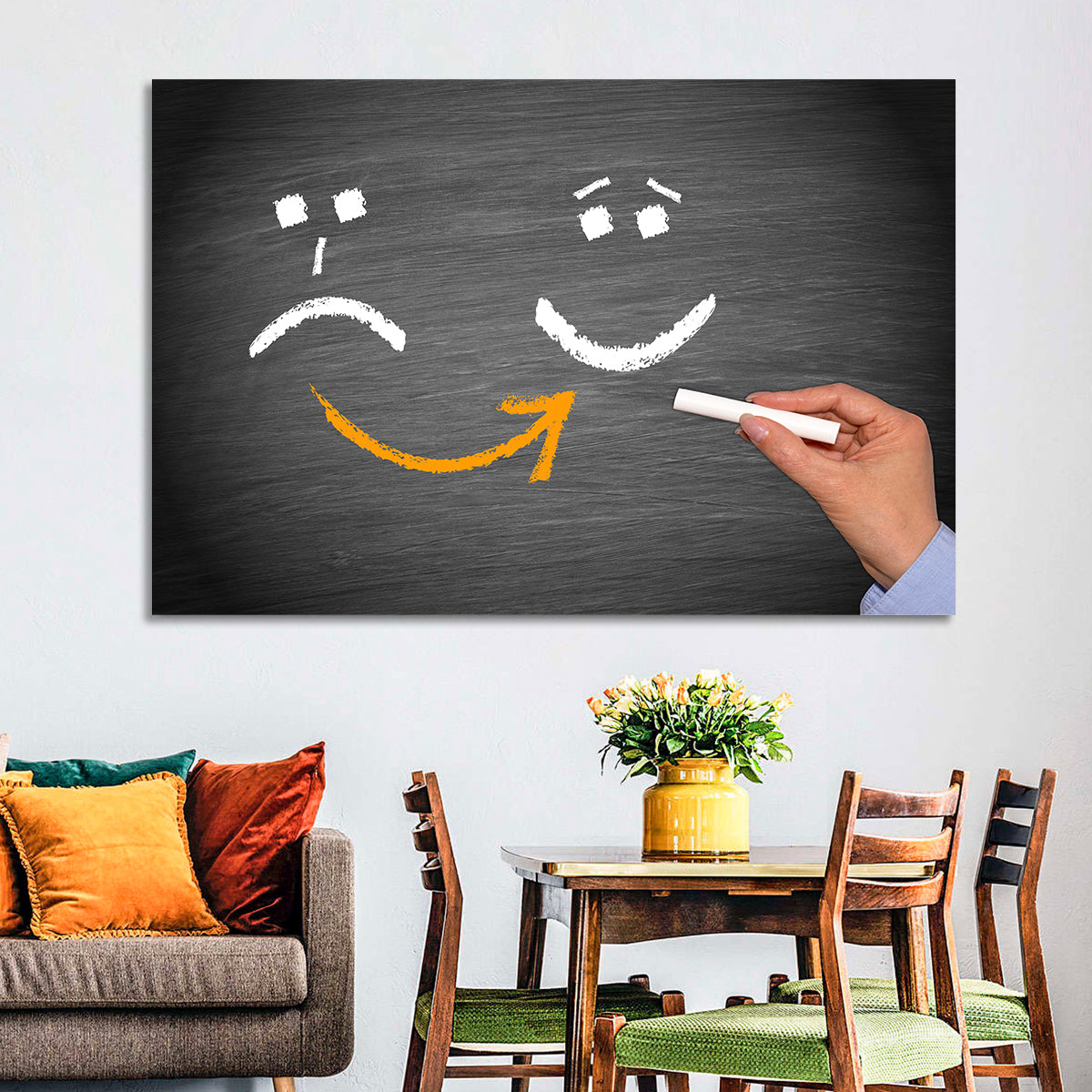 Chalkboard Mood Shift Smiley Arrow Wall Art in a room, landscape