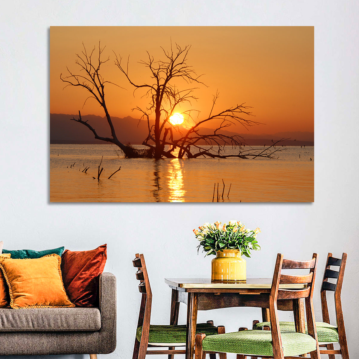 Salton Sea Sunrise Wall Art in a room, landscape