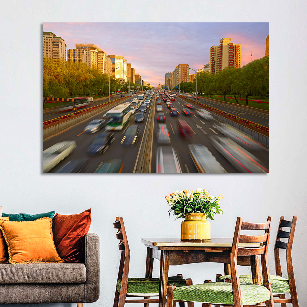 Beijing Sunset Traffic Streaks Wall Art in a room, landscape