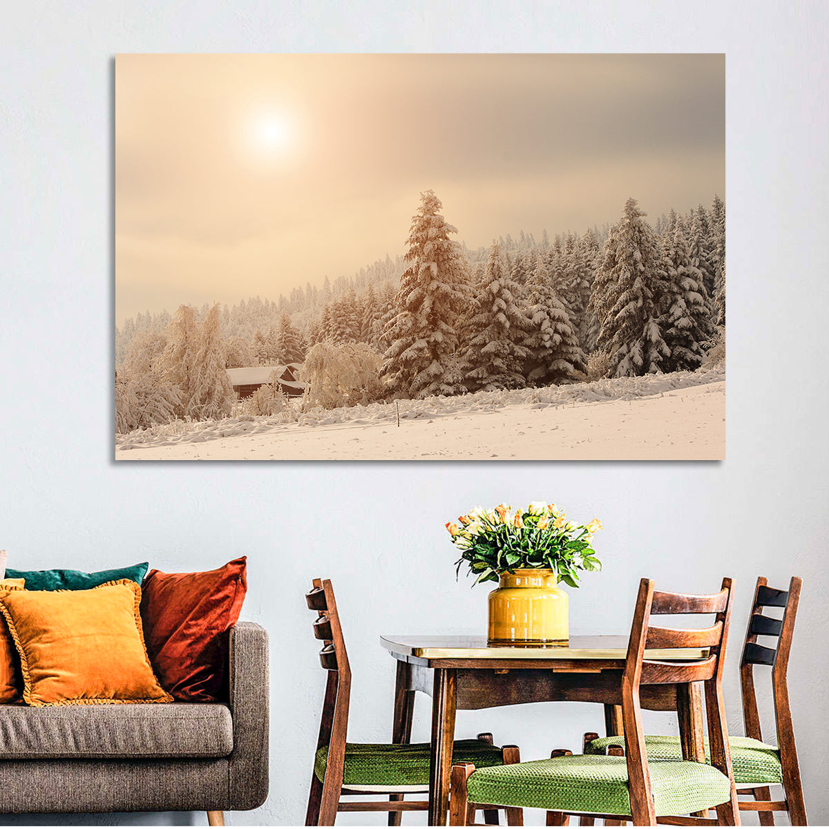 Snowy Pine Forest at Golden Hour Wall Art in a room, landscape