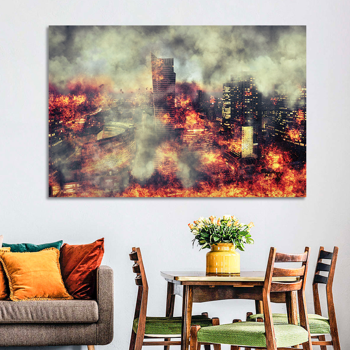 Warsaw Spire Burning City Abstract Wall Art in a room, landscape